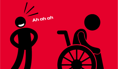 Ilustração Discriminação com 2 pessoas, uma em pé a rir e a outra deficiente, numa cadeira de rodas.
