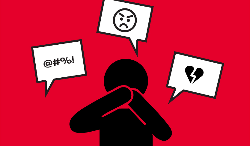 Discurso de Ódio, ilustração de uma pessoa rodeada de balões com mensagens de ódio